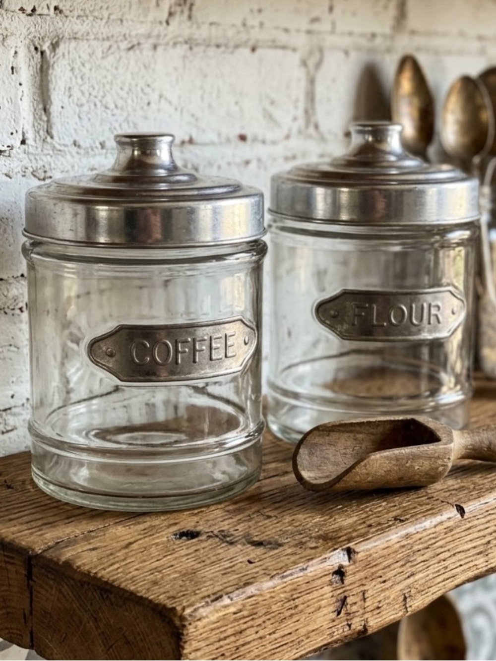 Vintage Dulton glass canister 
brushed aluminum lid
"FLOUR" and “COFFEE” plaque